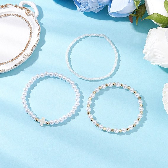 3 шт. 3 стили АБС-пластиковые искусственные жемчужные бусины и ракушечные бусины эластичные браслеты для женщин, со стеклянными бисеринами