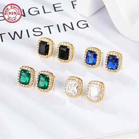 Cubic Zirconia Rectangle Stud Earrings, Real 18K Gold Plated 925 Sterling Silver Earrings