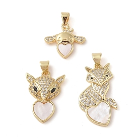 Brass Micro Pave Clear Cubic Zirconia Pendants, with Shell, Heart
