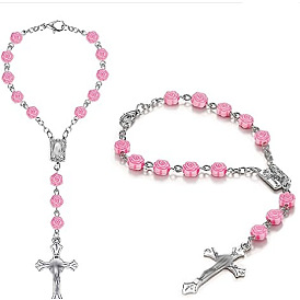 Alloy Cross Charm Bracelets, with Plastic Rose Link Chains