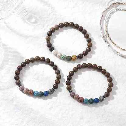 Браслеты из круглых бусин из натуральной окрашенной лавы и дерева, с немагнитных синтетическими гематита бисера