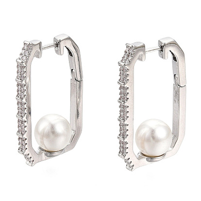 Clear Cubic Zirconia Rectangle with Plastic Pearl Hoop Earrings, Brass Jewelry for Women, Nickel Free