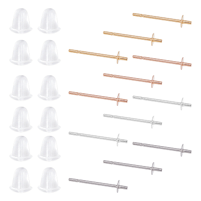 80Pcs 4 Colors 304 Stainless Steel Stud Earring Findings, for Half Drilled Beads, with 80Pcs Plastic Ear Nuts