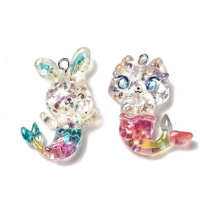 Mermaid Theme Transparent Resin Pendants, Sea Animal Charms with Paillette and Platinum Tone Iron Loops, Colorful