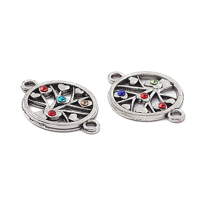 Tibetan Style Alloy Connector Charms, with Rhinestones, Flat Round with Heart Tree