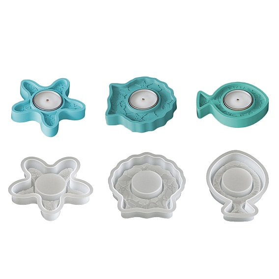 3 pièces 3 styles moules en silicone pour bougeoirs sur le thème des animaux marins, forme de coquillage, étoile de mer et poisson