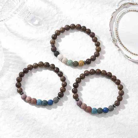 Браслеты из круглых бусин из натуральной окрашенной лавы и дерева, с немагнитных синтетическими гематита бисера