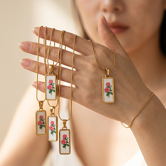 Colliers pendentifs géométriques en acier inoxydable à imprimé floral pour femmes, or, blanc