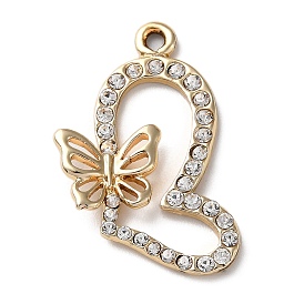 UV Plating Light Gold Alloy Rhinestone Pendants, Heart with Butterfly Charm