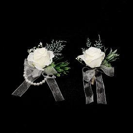 Broches de cinta de seda y muñeca, con pulseras elásticas de seda imitación flores y perlas, para la boda, decoraciones de fiesta