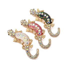 Lizard Alloy Crystal AB Rhinestone Brooches with Resin, Golden