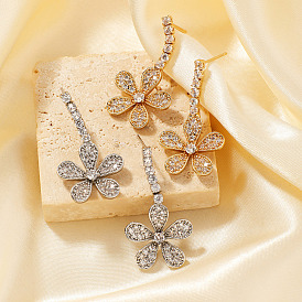 Shiny Flower Brass Clear Cubic Zirconia Stud Earrings for Elegant Western Style Women