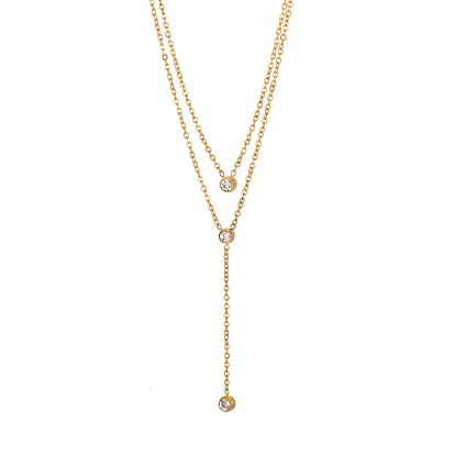 304 Двухслойное колье из нержавеющей стали с подвеской в форме буквы Y, ожерелья с плоскими круглыми подвесками из кубического циркония, ионное покрытие (ip), реальный 14 k позолоченный