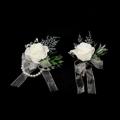 Broches de cinta de seda y muñeca, con pulseras elásticas de seda imitación flores y perlas, para la boda, decoraciones de fiesta