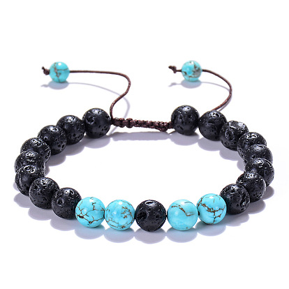 Adjustable Lava Stone Braided Couple Bracelet with 8mm Turquoise Gemstone - Energy Boosting Jewelry