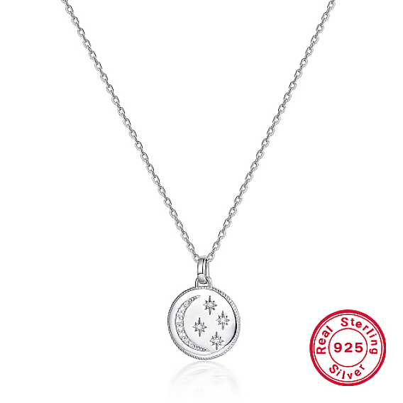 Rhodium Plated 925 Sterling Silver Pendant Necklaces, Moon & Star