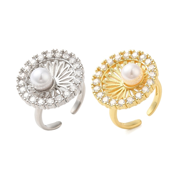 Плоские круглые латунные кольца-манжеты с микропаве из прозрачных кубических цирконий для женщин, с круглым прессом с имитацией жемчуга