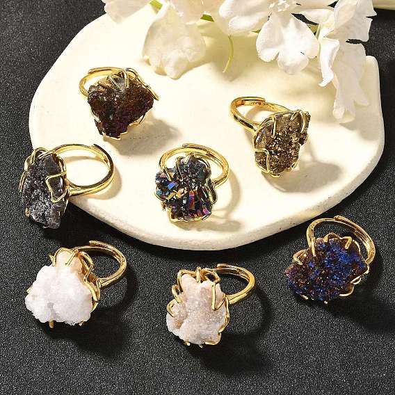 Самородки гальванизированные натуральные агатовые кластерные кольца для пальцев, латунные регулируемые кольца, долговечный, без свинца и без кадмия, стойки покрытие, золотые