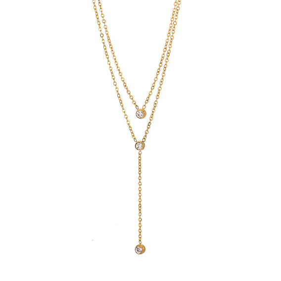 304 Двухслойное колье из нержавеющей стали с подвеской в форме буквы Y, ожерелья с плоскими круглыми подвесками из кубического циркония, ионное покрытие (ip), реальный 14 k позолоченный