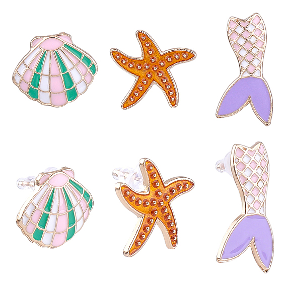 3 пары сережек-гвоздиков из сплава с эмалью, золотые