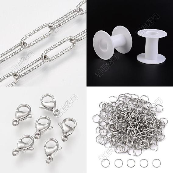 10M 304 Stainless Steel Paperclip Chains, Drawn Elongated Cable Chain, Knurling, 50Pcs Open Jump Rings with 20Pcs  Lobster Claw Clasps