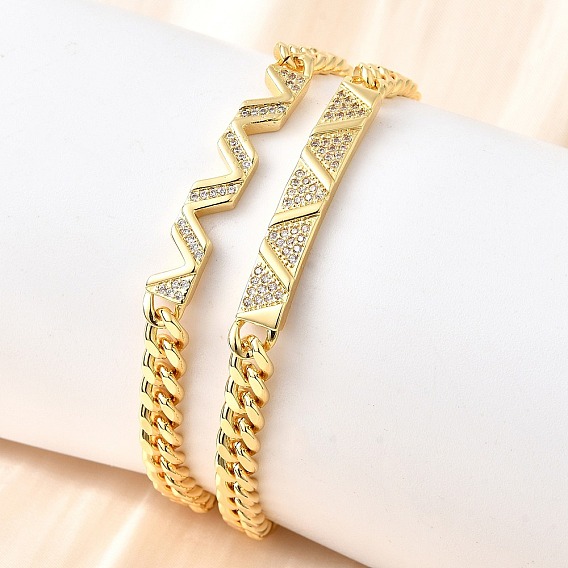 Латунные браслеты с микропаве из чистого кубического циркония, браслеты из цепочек панцирного плетения для женщин, форма волны, стойки покрытие, долговечный, без свинца и без кадмия