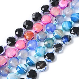 Natural Fire Crackle Agate Beads Strands, Flat Round, Dyed & Heated, Faceted Hexagonal Cut, with Seed Beads