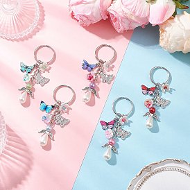 5 шт. 5 цвета сплава эмали с акриловыми брелоками, с железными разрезными брелоками, старинное серебро и платина, бабочка и ангел