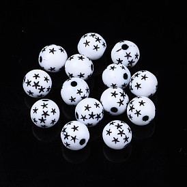 Opaque Acrylic Beads, Craft Style, Round with Black Star