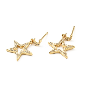 Clear Cubic Zirconia Moon and Star Dangle Stud Earrings, Brass Jewelry for Women, Cadmium Free & Lead Free