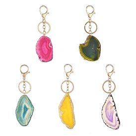Porte-clés en agate naturelle et acier inoxydable, nuggets, avec fermoirs porte-clés en alliage, or et de lumière