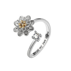 Flower Rotatable Open Cuff Rings for Women, Brass Micro Pave Cubic Zirconia Fidget Spinner Rings, Word You Are My Sunshine