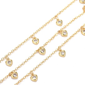 Handmade Brass Cable Chains, with Cubic Zirconia Charms and Spool, Long-lasting Plated, Soldered, Heart