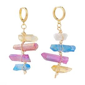 Brass Huggie Hoop Earrings, with Electroplated Natural Quartz Crystal Wire Wrapped Pendants, Nuggets, Dyed, Colorful