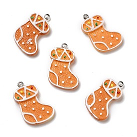 Opaque Resin Pendants, with Platinum Tone Iron Loops, Imitation Gingerbread, Christmas Sock