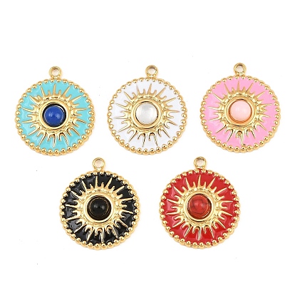 304 Stainless Steel Enamel Pendants, Flat Round with Sun Pattern Charms, with Acrylic, Ion Plating(IP), Real 18K Gold Plated