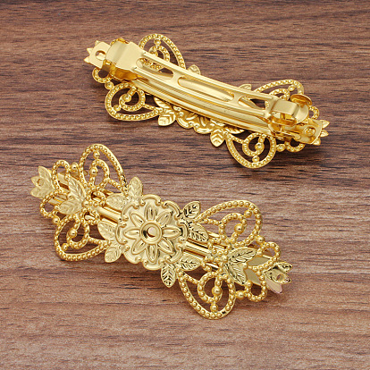 Brass Filigree Hair Barrette, with Iron Findings, Flower
