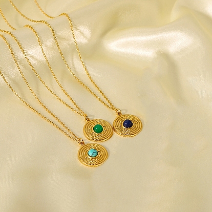 Винтажные ожерелья из нержавеющей стали с плоским круглым кулоном и вымощенным камнем для женщин, золотые