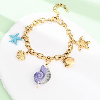 Браслеты с подвесками из нержавеющей стали для женщин в виде черепахи и рыбы, с фарфором и синтетической бирюзой, ионное покрытие (ip)