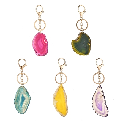 Porte-clés en agate naturelle et acier inoxydable, nuggets, avec fermoirs porte-clés en alliage, or et de lumière