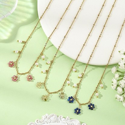 Natural Mixed Stone Faceted Round Beaded Flower Pendant 304 Stainless Steel Satellite Chain Necklaces
