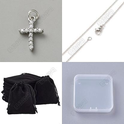 Kits para hacer collares, colgantes de zirconia cúbica transparente micro pavé de latón cruzado, Con collares de cadena y bolsita rectangular de terciopelo.