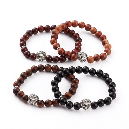 Round Natural Wood Beaded Stretch Bracelets, with Alloy Lion Head Beads and 304 Stainless Steel Spacer Beads