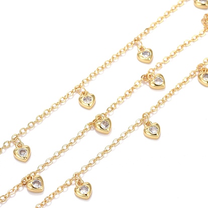 Handmade Brass Cable Chains, with Cubic Zirconia Charms and Spool, Long-lasting Plated, Soldered, Heart