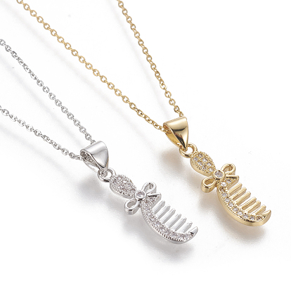 Brass Pendant Necklaces, with Cubic Zirconia and 304 Stainless Steel Cable Chains, Comb
