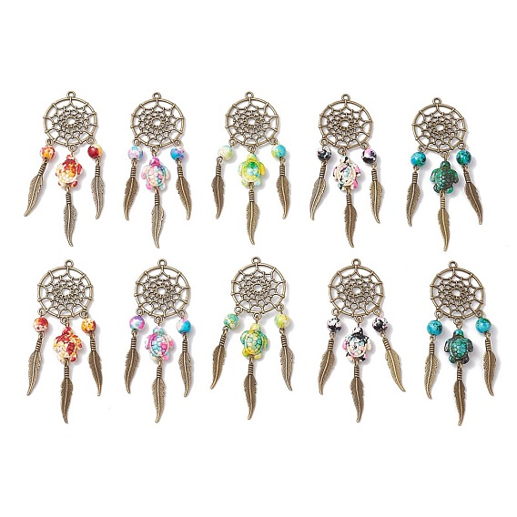 Тканая сетка / паутина с подвесками из перьевого сплава, подвески из синтетических бирюзовых бусин