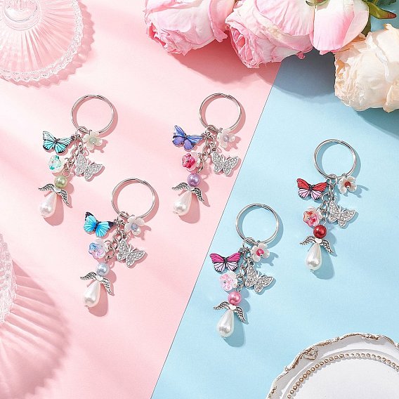5 шт. 5 цвета сплава эмали с акриловыми брелоками, с железными разрезными брелоками, старинное серебро и платина, бабочка и ангел