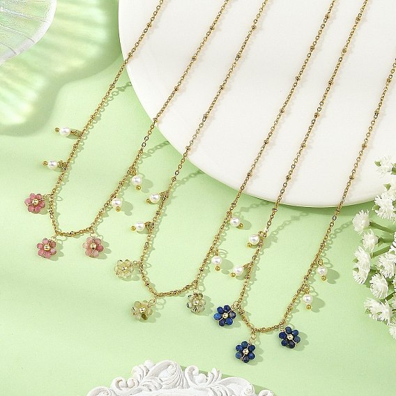 Natural Mixed Stone Faceted Round Beaded Flower Pendant 304 Stainless Steel Satellite Chain Necklaces