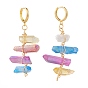 Brass Huggie Hoop Earrings, with Electroplated Natural Quartz Crystal Wire Wrapped Pendants, Nuggets, Dyed, Colorful