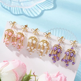 3 пары серег-гвоздиков из стеклянных бусин ручной работы, бантом, с фурнитурой для сережек из латуни и нержавеющей стали